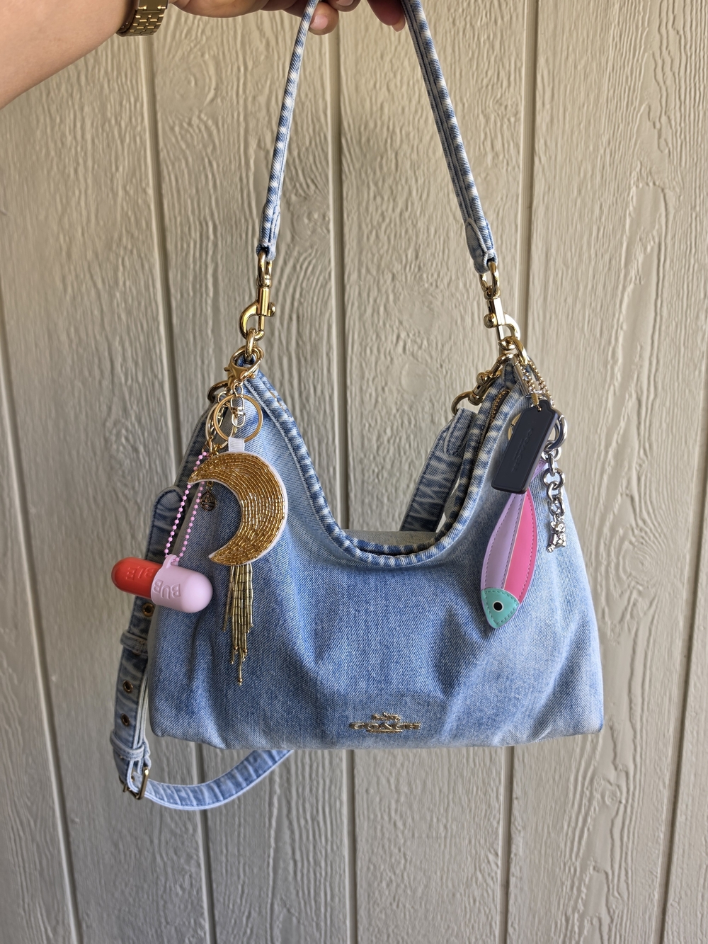 Coach Laurel Light Blue Denim Shoulder Bag with Pink & Purple Charm - Picture 2 of 7